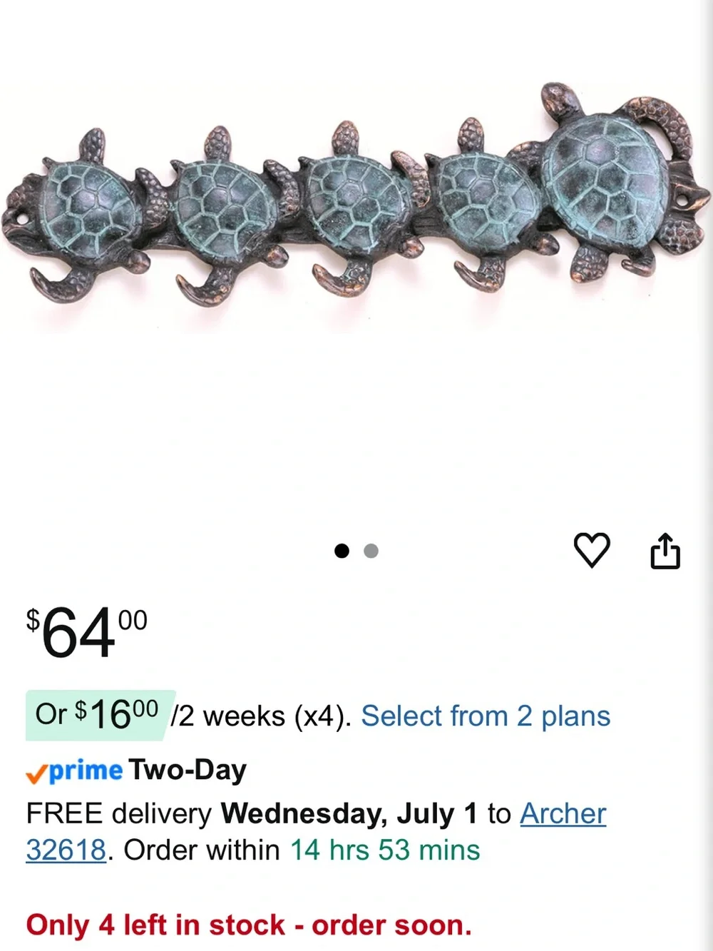 Turtle Wall Key Hook Hanger - Antique Finish
